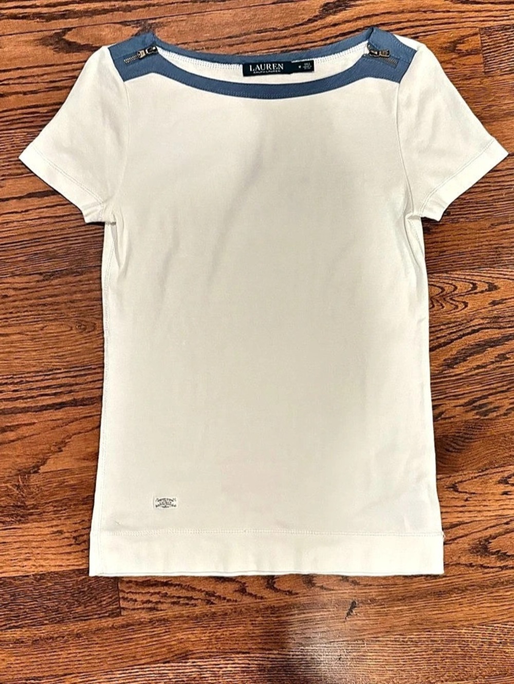 Lauren Ralph Lauren Shoulder-Zip Cotton Tee White & Blue Medium